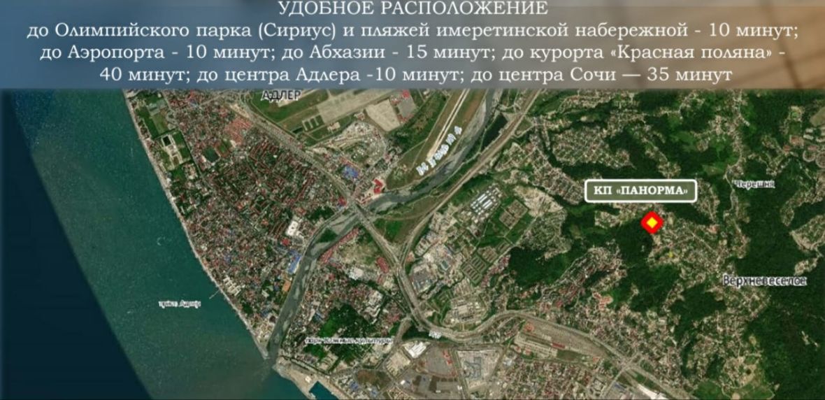 Удобное расположение: до Олимпийского парка (Сириус) и пляжей имеретинской набережной - 10 минут, до Аэропорта - 10 минут, до Абхазии - 15 минут, до курорта "Красная поляна" - 40 минут, до центра Адлера 10 минут, до центра Сочи 35 минут